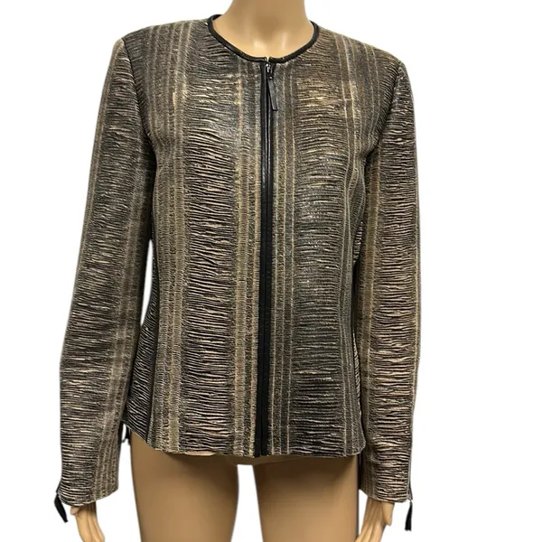 Blue Ice Tan Black Textured Zip Up Zip Sides and Cuffs Blazer Jacket Womens 10 - Image 3