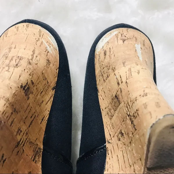 Charlotte Russe Black Canvas Peep Toe Natural Cork Wedges Size 6 - Image 7