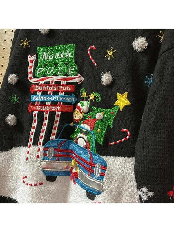 Holiday Time Christmas Santa And Elves Retro Ugly Tacky Sweater Glitter Quirky - Image 3
