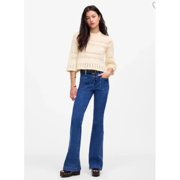 Madewell Sweater Womens Large Sand‎ Beige Cotton Blend Knit Bell Sleeve NU548 - Image 2