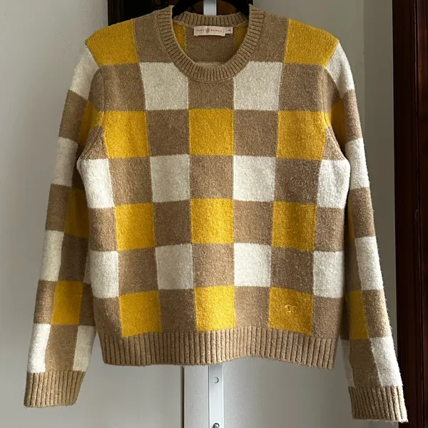 Tory Burch T6465 Intarsia Check Sweater Yellow Camel Ivory Size M - Image 3