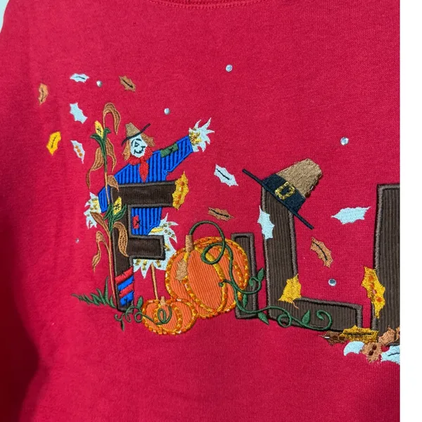 Quacker Factory Red Fall Thanksgiving Embroidered Sweatshirt Womens Medium - Image 5