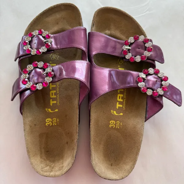 Tatami Women Leather Whimsy Sandals 39 Plum Rhinestone Buckle Slide Birkenstock - Image 7