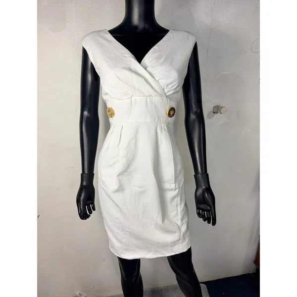 Helene Berman London White Textured 8 Pique V-Neck Gold Button Sheath Dress 8‎ - Image 7