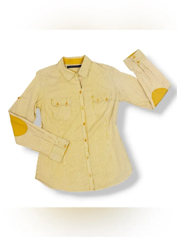 Zara TRF Striped Elbow Patch Western Style Button Up Shirt Yellow Medium - Image 10