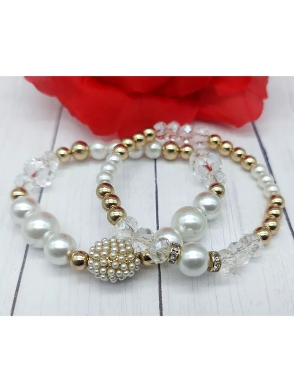 Faux Pearl Crystal Stretch Bracelets Lot of 2 Gold Tone Rhinestone Bridal - Image 2