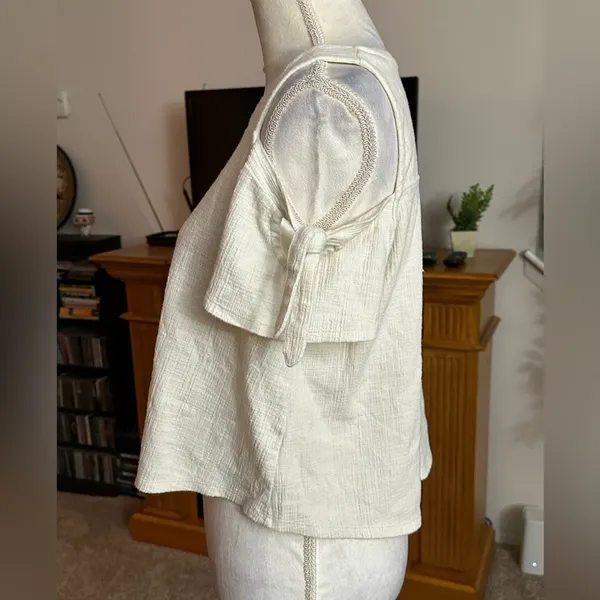 MADEWELL Skylark Top Cold Shoulder Bow Sz S Textured Ivory Boxy Relaxed Fit - Image 4