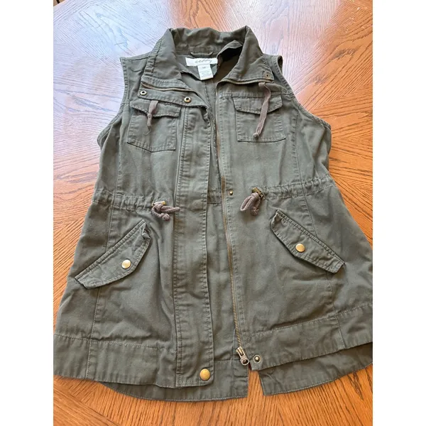 Sebby‎ Utility Vest Olive Green Drawstring Pockets Size S - Image 2