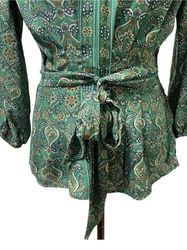 Max Studio Green Paisley Tie Front Peplum Blouse Size Small | Smocked Back V-Nec - Image 6