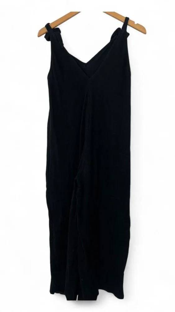 ZARA | M | Double V-Neck Tie Shoulder Wide Leg Black 100% Cotton Lounge Jumpsuit - Image 5
