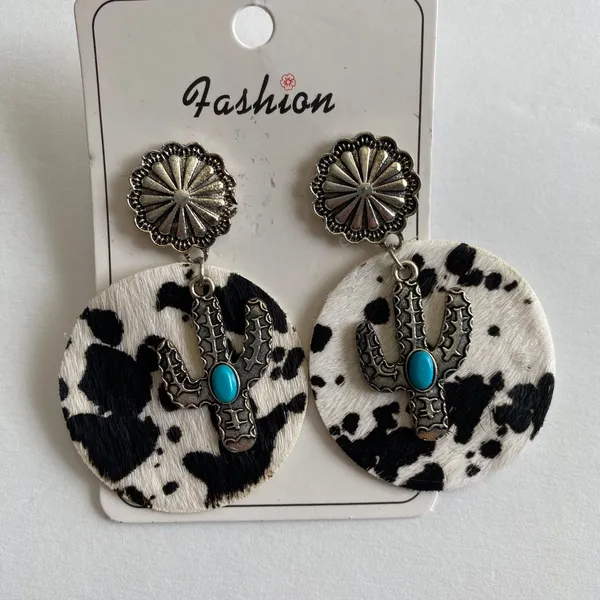 Cow pattern cactus‎ with turquoise decor dangle ethnic style earrings Black - Image 8