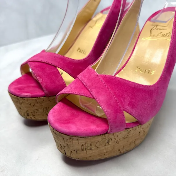 Christian Louboutin Reine De Liege Suede Cork Platform Wedge Slingback Sandal 37 - Image 4