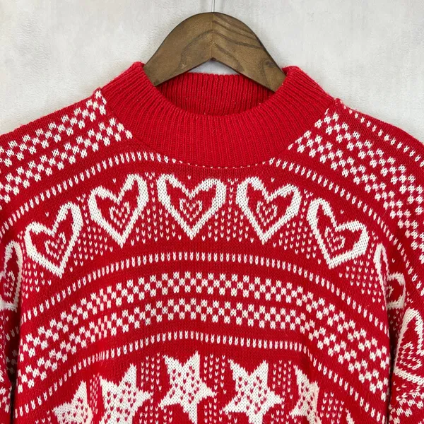 Vintage Fair Isle Sweater Womens M/L Hearts Stars Flowers Indie Nordic Cabin USA - Image 6