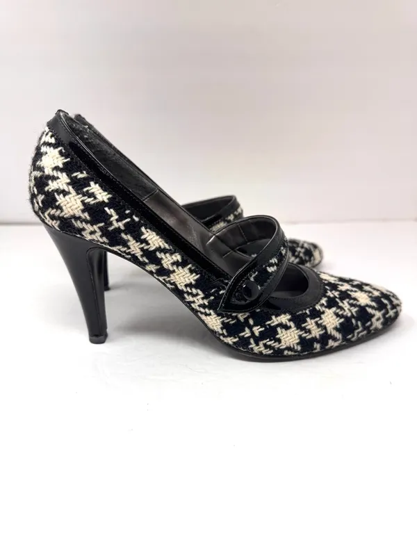 CARISMA black/white houndstooth fabric & leather Mary Janes, Italy, size 8.5 - Image 5