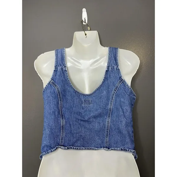 Levi's Tank Top Womens Medium Blue Denim Button Front Buckle Strap Cropped - Image 4