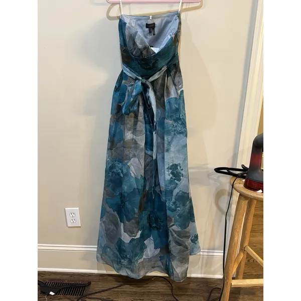 New Donna Karan Floral Strapless Fit & Flare Gown In Green Blue Size 6 $349 - Image 4