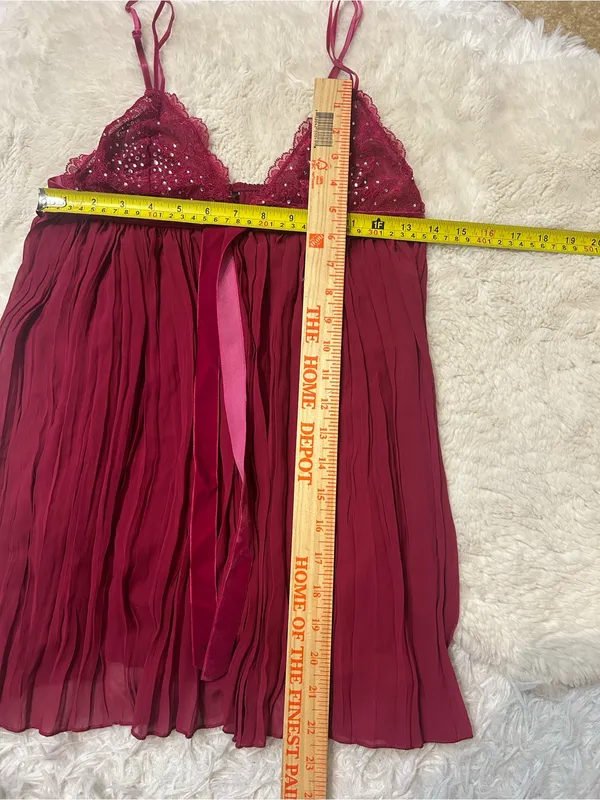 Victoria’s Secret Red Burgundy Pleated Babydoll Chemise sheer lace Lingerie top - Image 7