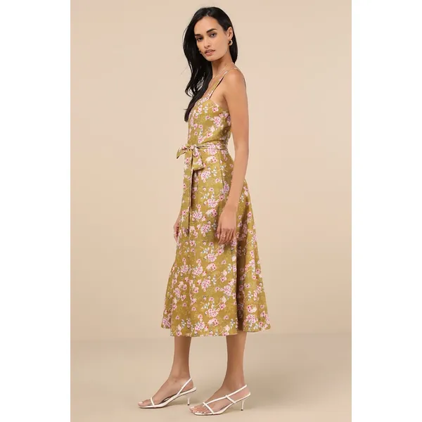 NWT Lulus Sunny Posture Chartreuse Floral Sleeveless Midi Dress Resort Size S - Image 3