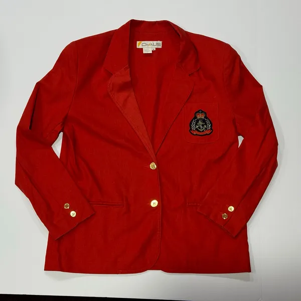 Vintage Red Nautical Crest Blazer Gold Buttons Ramie Cotton Women’s M - Image 3