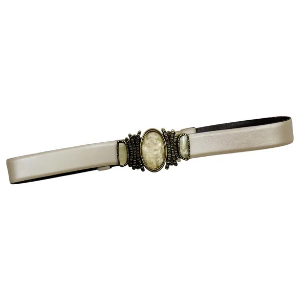 Vintage Chicos White Pearly Stone Buckle Champagne White Leather Belt Retro - Image 10