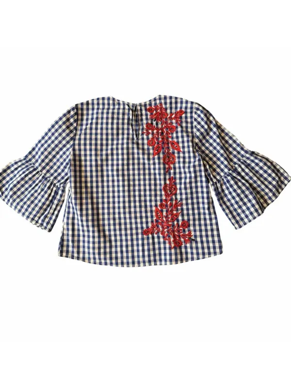 Zara Sz S Embroidered Gingham Checked Blouse Bell Sleeve Blue Red Statement Top - Image 2