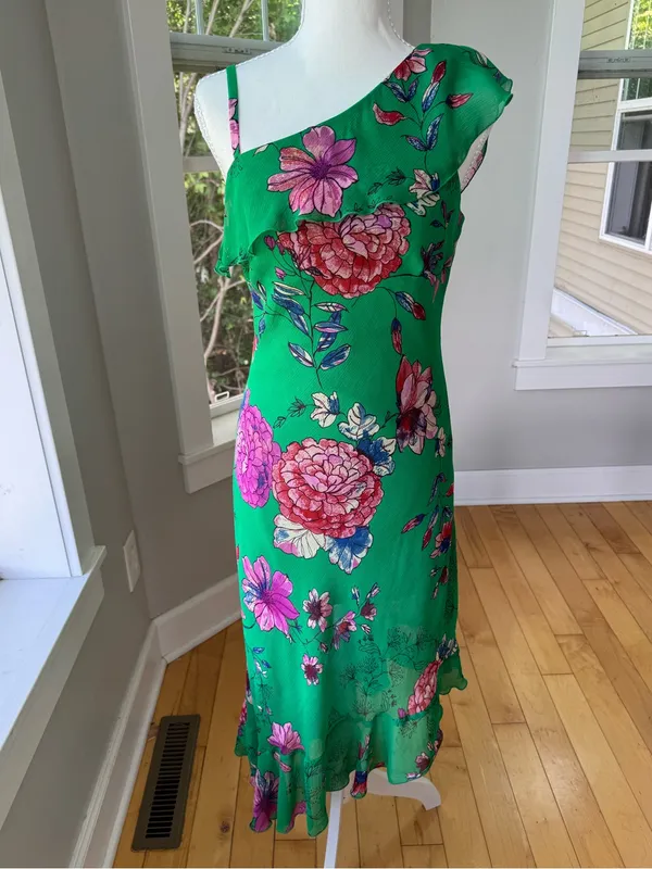 Roz & Ali Emerald Green Floral Asymmetrical One Shoulder Dress Size 6 - Image 11