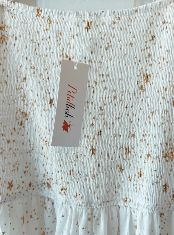 Square Neck Star Printed Smocked Midi Dress White - Image 5
