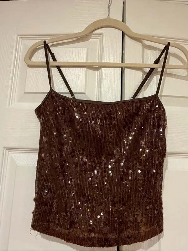 Motel Rocks Biyaya Cami Top With Binding In Sequin Brown - Image 4