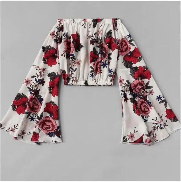 Floral Bell Sleeve Off The Shoulder Crop Top - Image 2
