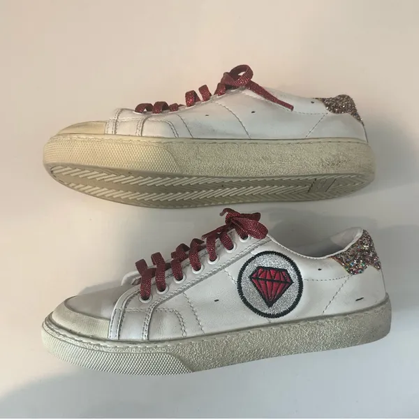 Saint Laurent Paris White Leather Glitter Diamond Patch Low Top Sneakers Size 36 - Image 4