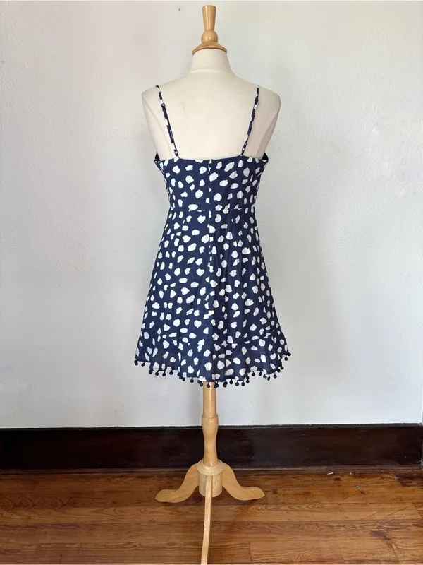 THML Navy Blue & White Pom Pom Trim V-Neck Sleeveless Dress - Image 8