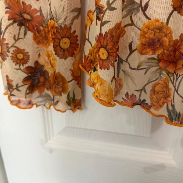 Floral Print V Neck Long Sleeve Bow Tie Front Sheer Blouse Top - Image 7