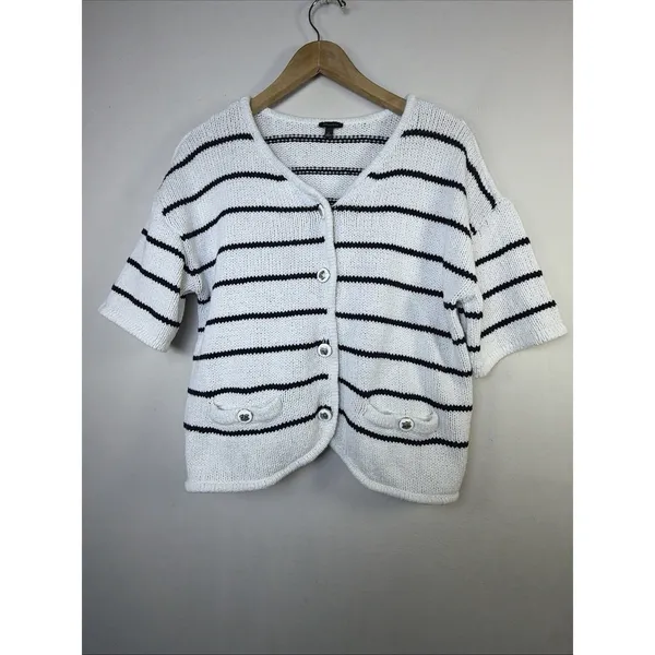 Talbots Womens black Striped Knit sweater Cardigan Preppy coastal nautical large - Image 2