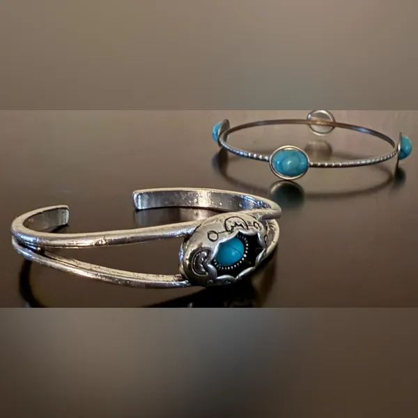 Silver Turquoise Cuff Bracelet Set | Southwestern Boho Stackable Bangles Blue - Image 4