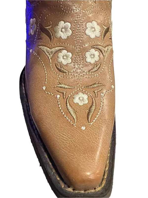 Durango cowboy boots tan leather white lace-like shaft floral - Image 7