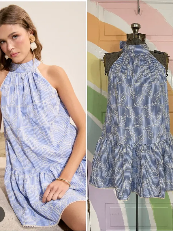 English Factory Blue Striped Embroidered Halter Ruffle Mini Dress Sz XS 🧡🎀 - Image 2
