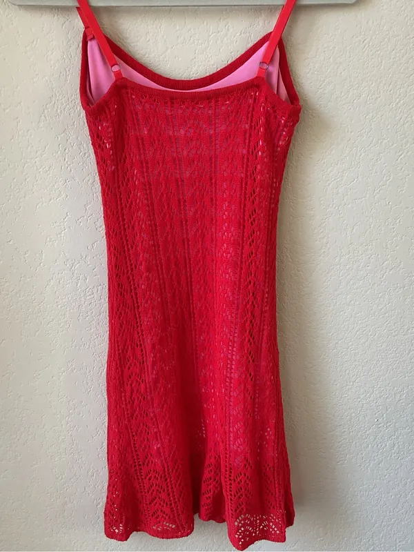 Source Unknown Red Crochet Knit Mini Dress XS S Pink Contrast Lining Strappy Summer Festival - Image 4