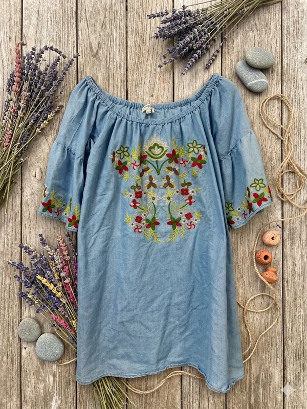 Umgee Light Blue Off-Shoulder Embroidered Dress - Image 2