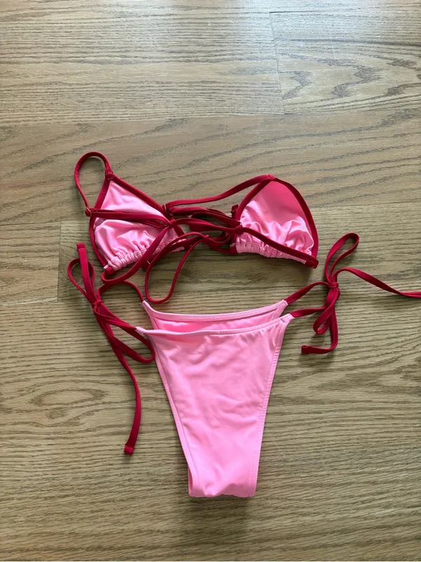 Frankie’s Bikinis Pink Triangle Bikini Set with Red Trim - Image 4