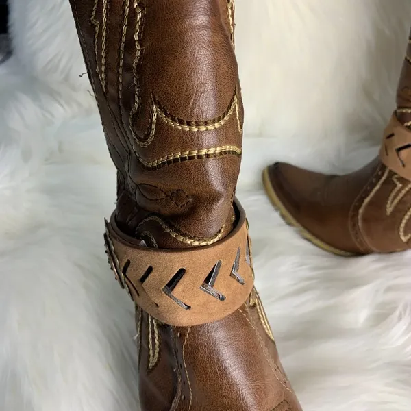 Handmade Womens Brown Leather Floral Metal Buckle Removable Boot Band One Size - Image 6