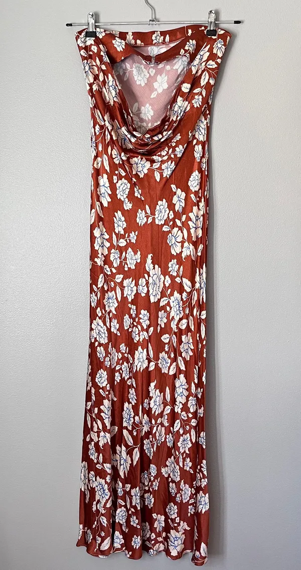 Bec + Bridge Blossom Strapless Satin Floral Cowl Back Maxi Dress Rust Red - Image 6