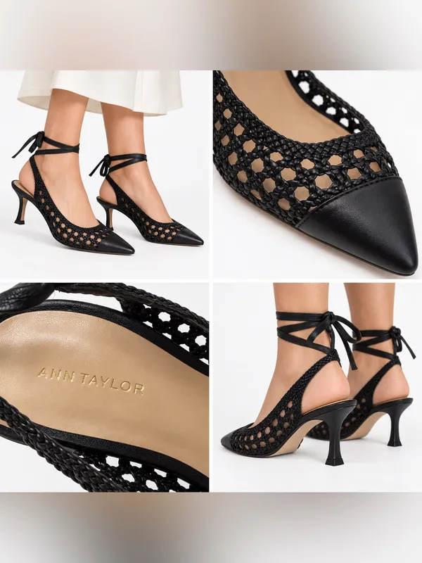Ann Taylor Black Woven Leather Pointed Toe Slingback Heels Size 9.5 - Image 2