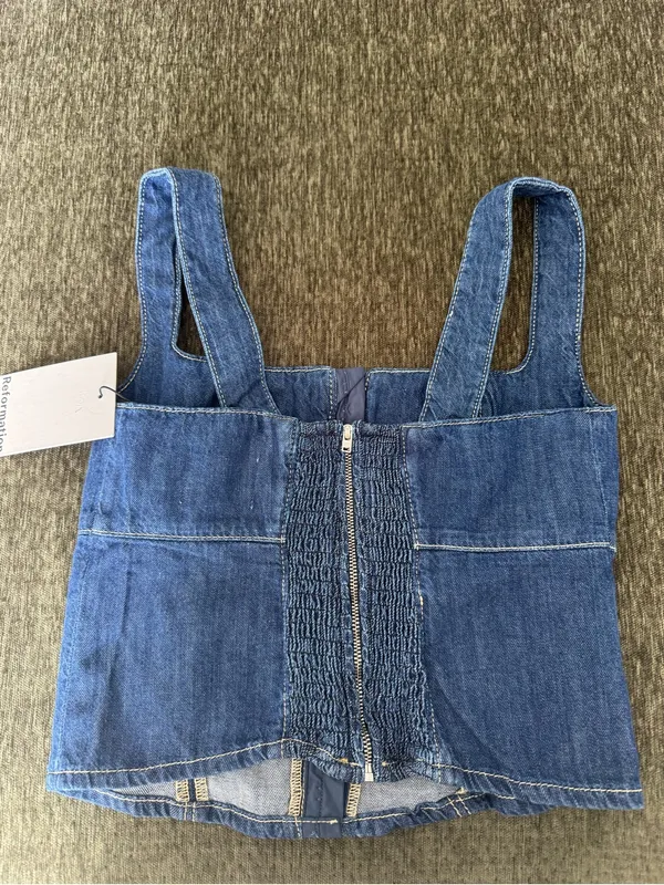 Reformation Tagliatelle Denim Square neck fitted Hook & Eye Top Cotton US 2 NWT - Image 4