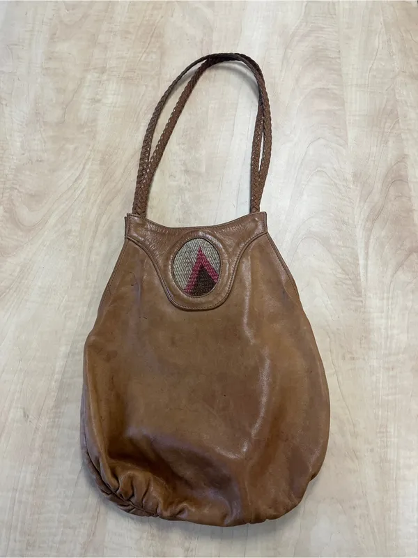 Vintage Leather Hobo Shoulder Bag W/ Woven Strap & Central Tapestry Inset - Image 2