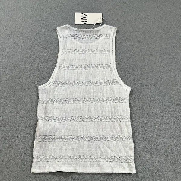 ZARA Woman Tank Top Knit Top Sleeveless M White Crochet Lace Trim Textured‎ NWT - Image 4