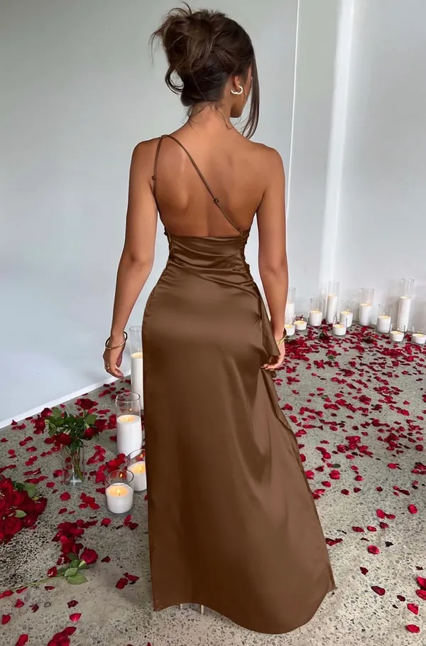OYS Brown Satin One Shoulder Ruched Maxi Dress Size Small - Image 2
