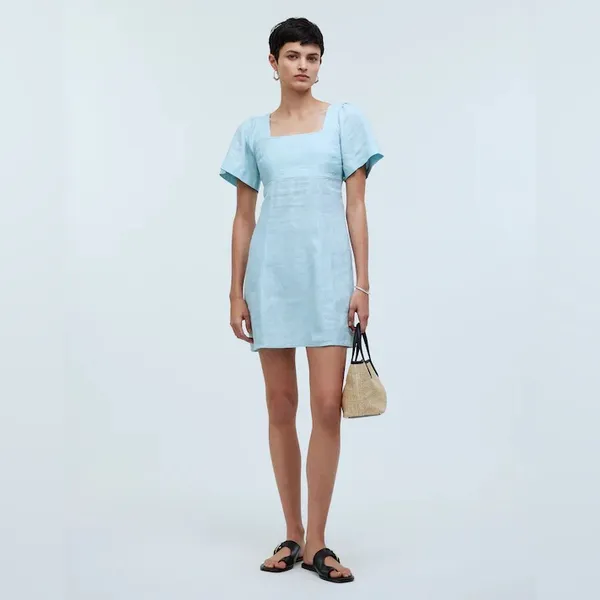 Madewell‎ Square-Neck Mini Dress 100% Linen Euro Summer Coastal Blue NWT Sz 00 - Image 9