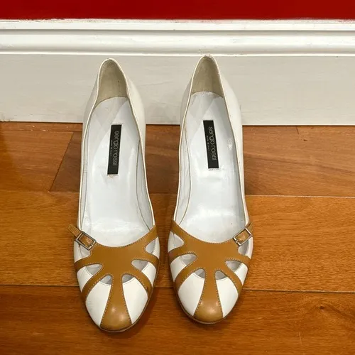 Sergio Rossi‎ Pumps Womens White Tan Leather Buckle Cutout Pointed Toe Heels 36 - Image 2
