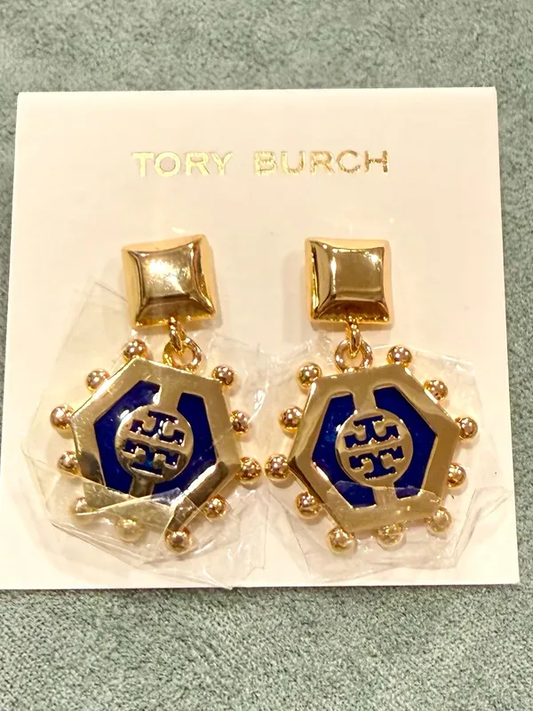 Tory Burch | Gold-Plated Logo Earrings with Navy Enamel & Gold Pearl Accents - Image 3