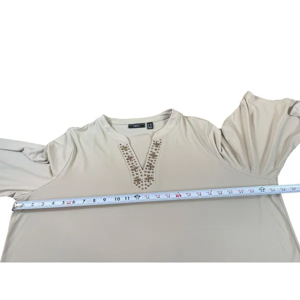 Susan Graver Artisan 2X Beige Embellished V-Neck Tunic Top Stretch 3/4 Sleeve - Image 10